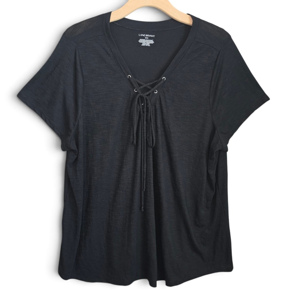 Lane Bryant Top Womens Plus 22/24 Black Lace Up V Neck T Shirt Short Sleeve